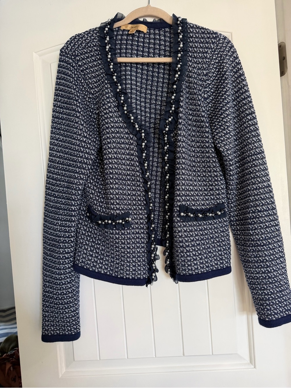 Grey and Navy Pearl-Trim Navy & White Open-Front Cardigan